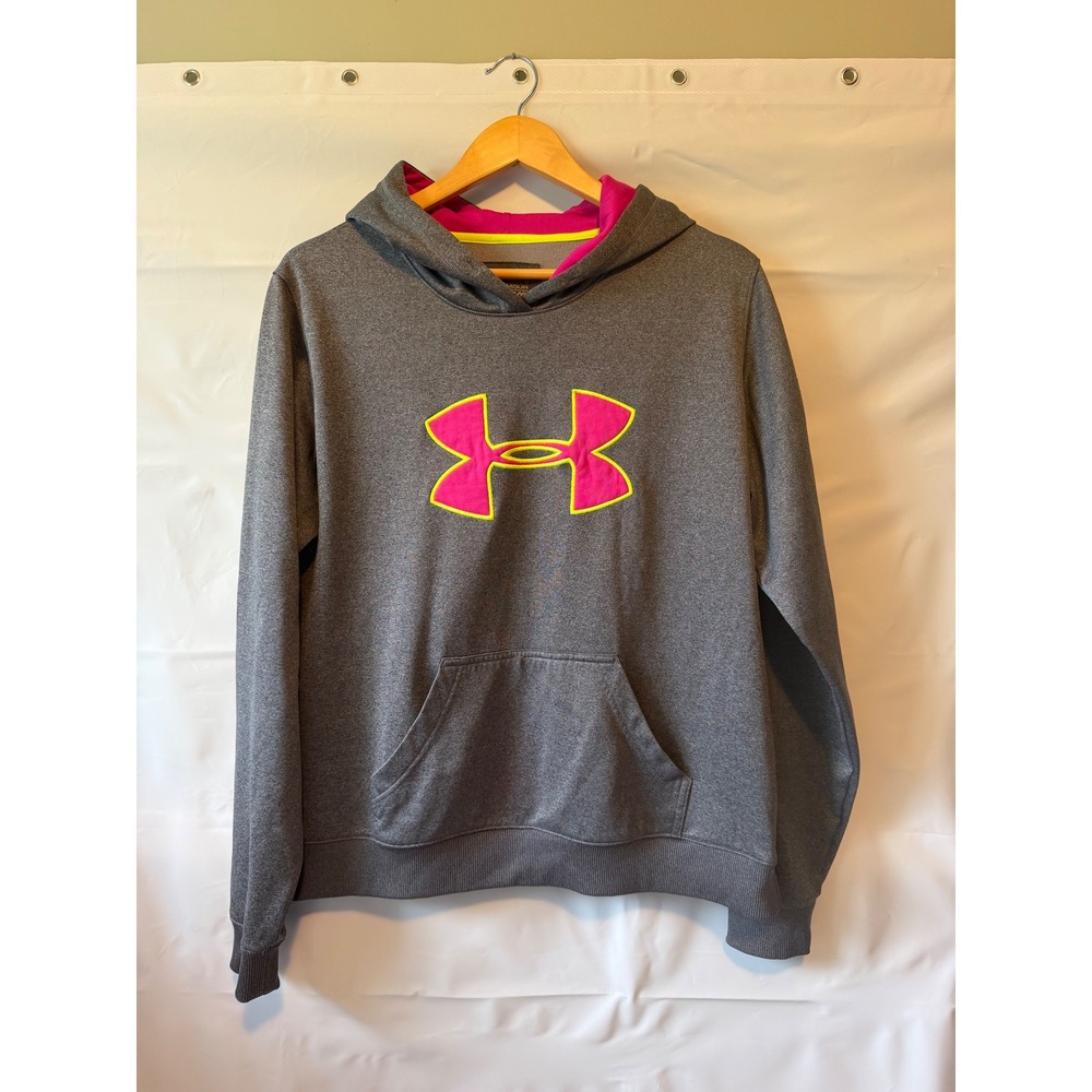 Under Armour UA Storm Hoodie Womens Large Gray Pink Lime Green Semi-Fitted Logo